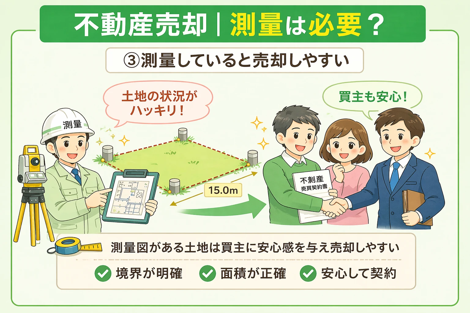 府中市の不動産売却で測量済の土地は買主に安心感を与え売却しやすいことを示した図