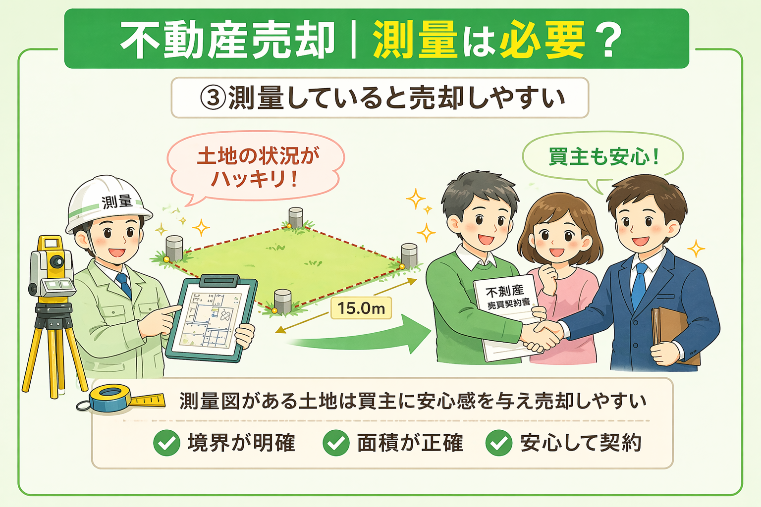 府中市の不動産売却で測量済の土地は買主に安心感を与え売却しやすいことを示した図