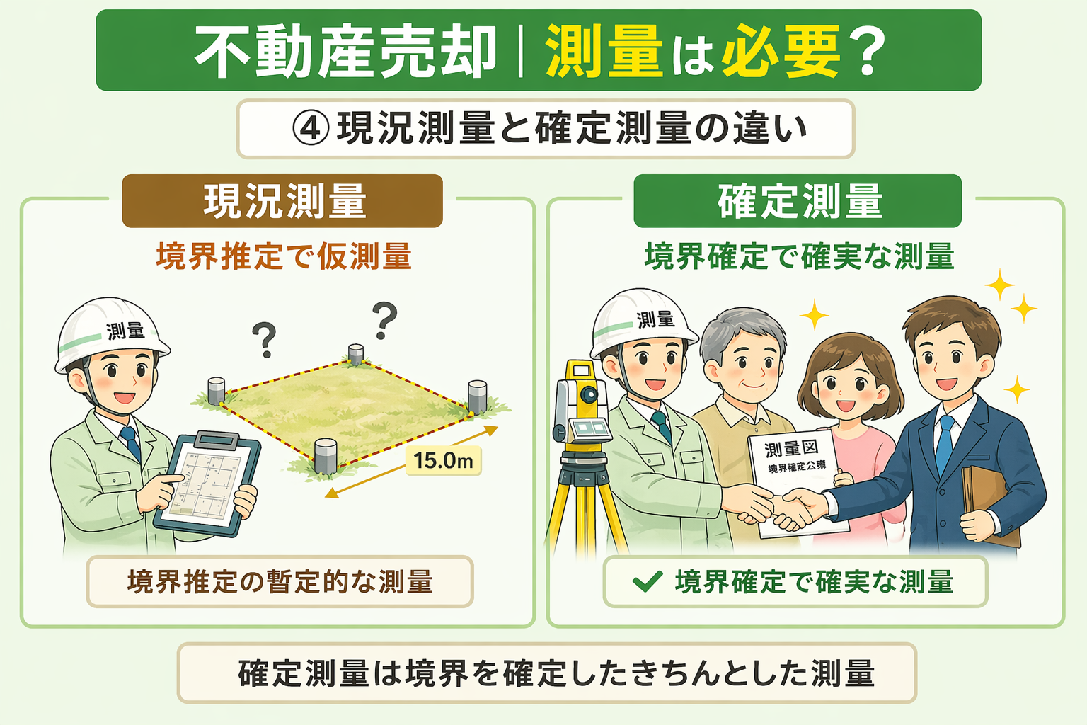 府中市の不動産売却で現況測量と確定測量の違いを比較した図