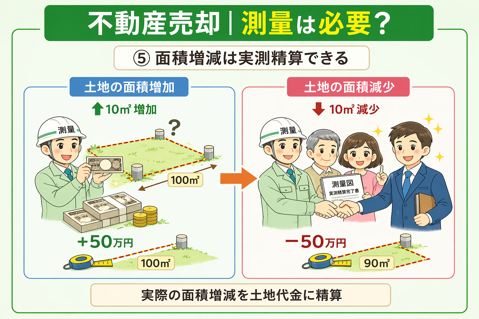 府中市の不動産売却で測量による面積増減を売買代金に精算する仕組みを説明した図