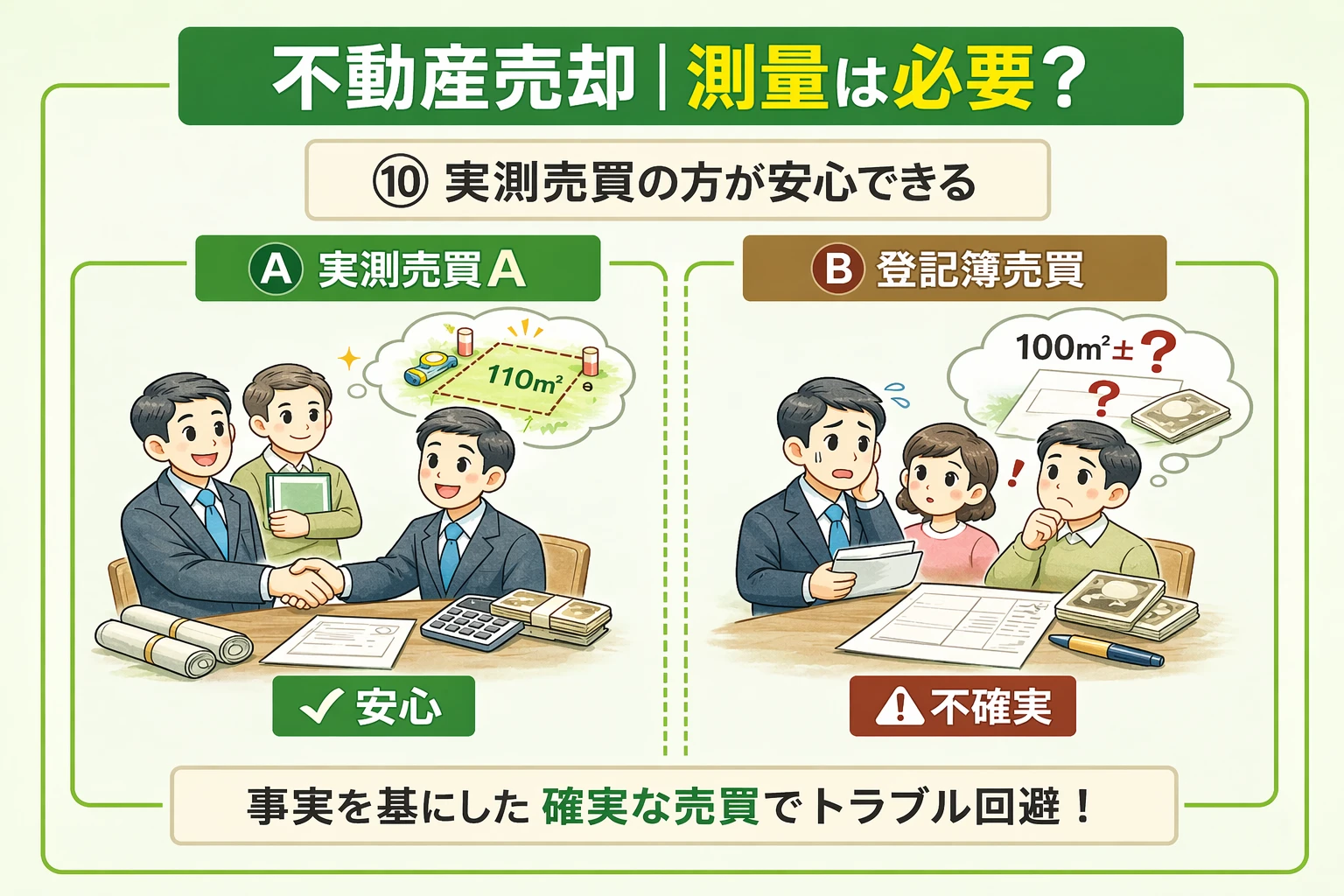 府中市の不動産売却で実測売買の方が安心して契約できる理由を比較した図