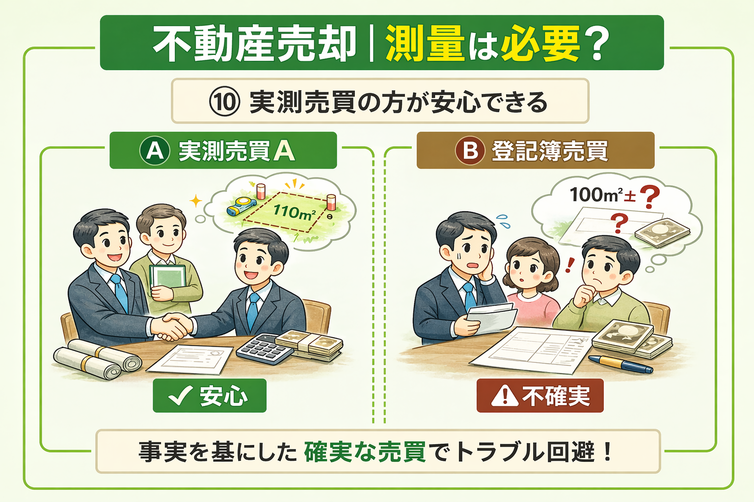 府中市の不動産売却で実測売買の方が安心して契約できる理由を比較した図