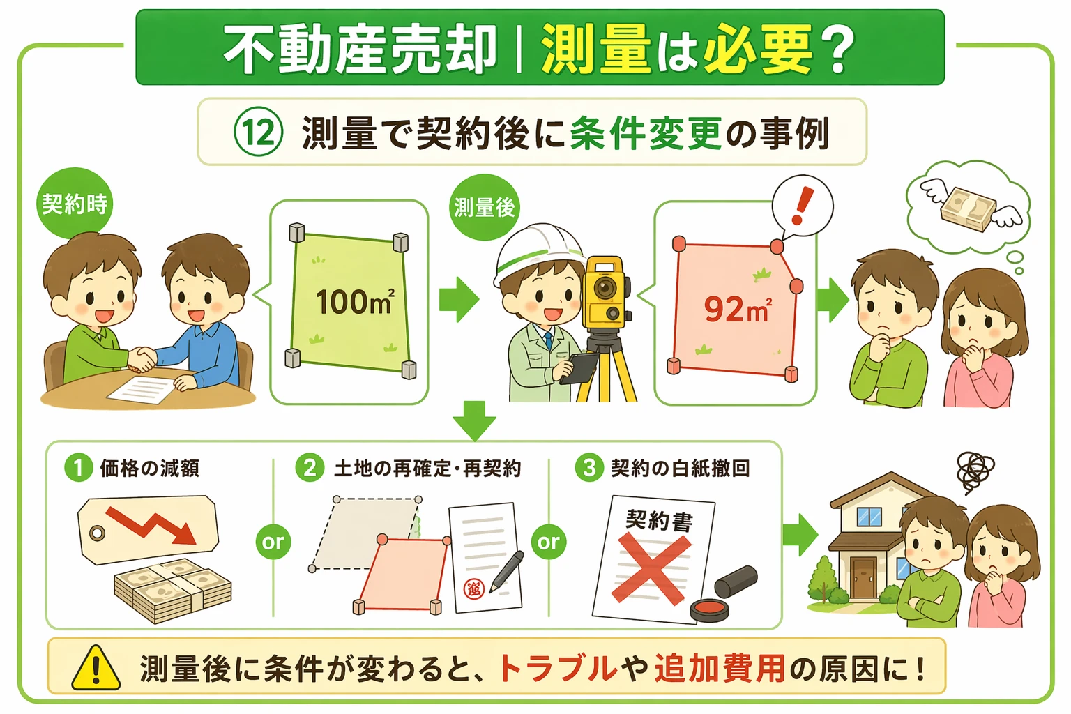 府中市の不動産売却で測量後に面積が変わり契約条件が変更になる事例を示した図