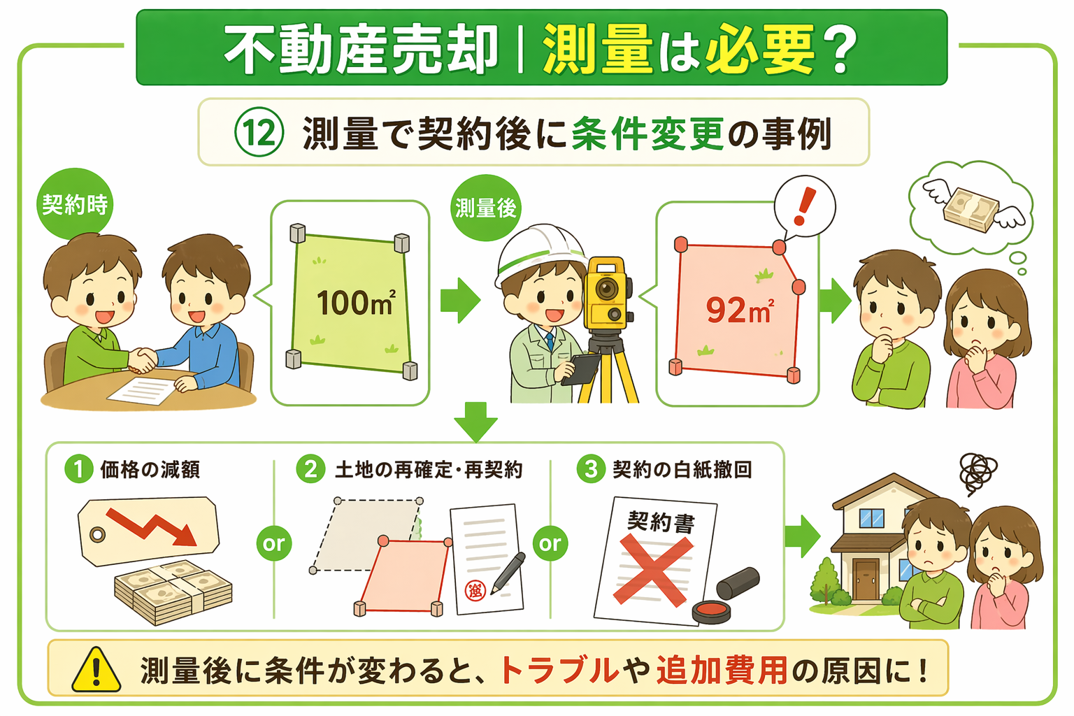 府中市の不動産売却で測量後に面積が変わり契約条件が変更になる事例を示した図