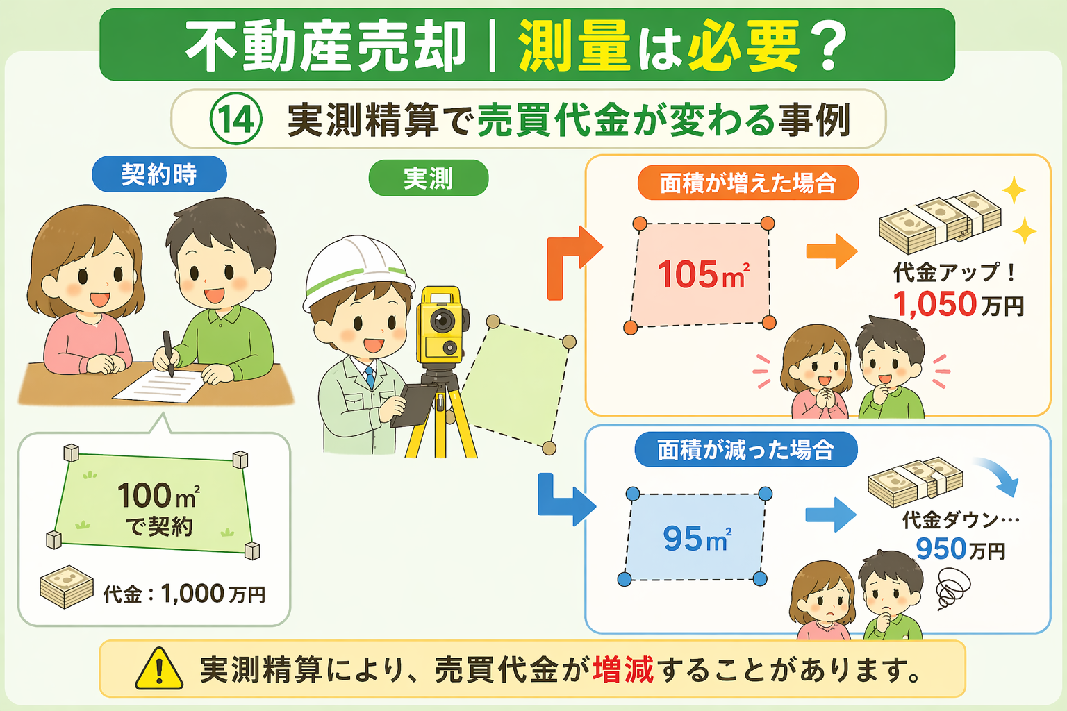 府中市の不動産売却で実測精算により売買代金が増減する事例を説明した図
