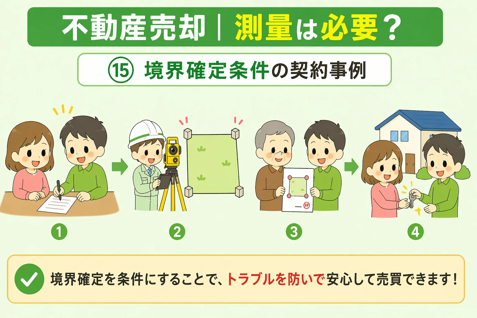 府中市の不動産売却で境界確定を条件とした契約の流れを解説した図
