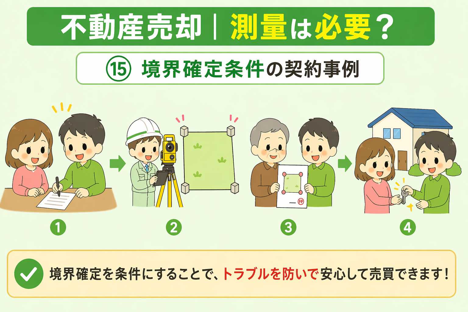 府中市の不動産売却で境界確定を条件とした契約の流れを解説した図