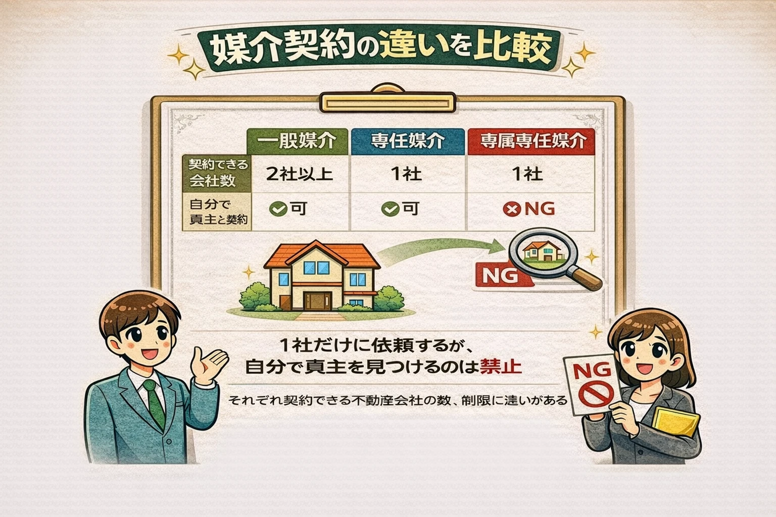 府中市の不動産売却で媒介契約の違いを比較 一般媒介専任媒介専属専任媒介の会社数や報告義務や自己発見の可否がわかる図